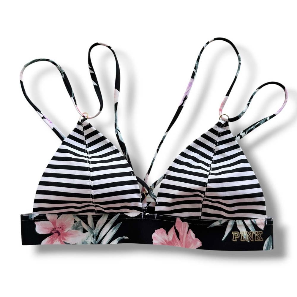 PINK Victoria's Secret Bonded Bralette Small‎ Black White Stripe Floral Tropical